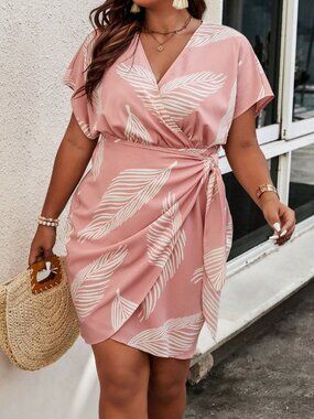Blush Pink Wrap Dress with White Leaf Print